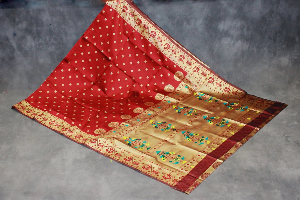 Maroon Paithani Pure Silk Saree with Zari Woven Peacock Pallu and Design Border