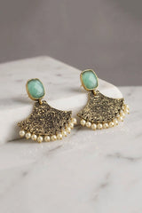 Mint Green Stone Gold-Tone Textured Dangler Earrings with Pearl Drops for Festive Party Wear