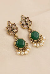 Green Leaf Drop Pearl Earrings, Gold-Tone Antique Finish Crystal Stones & Pearl Dangles, 2 inch