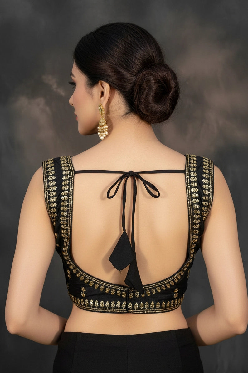 Black Readymade Designer Padded Blouse with Sequin Floral Motifs, Sleeveless Back Knot, Fully Stitched