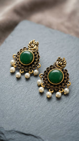 Green Antique Gold-Tone Statement Earrings with Round Stone & Pearl Drops for Traditional Wear