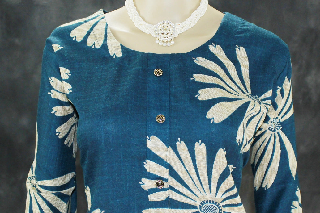 Cotton Peacock Blue Kurta Set with Floral Design