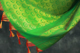 Forest Green Ponnadai Poly Silk Jacquard Temple Shawl with Zari Pattern & Tassels for Functions, 2m Dupatta
