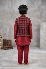 Boys Maroon Koti 3-Piece Kurta Set with Printed Nehru Jacket, Matching Pants & Brooch Detail