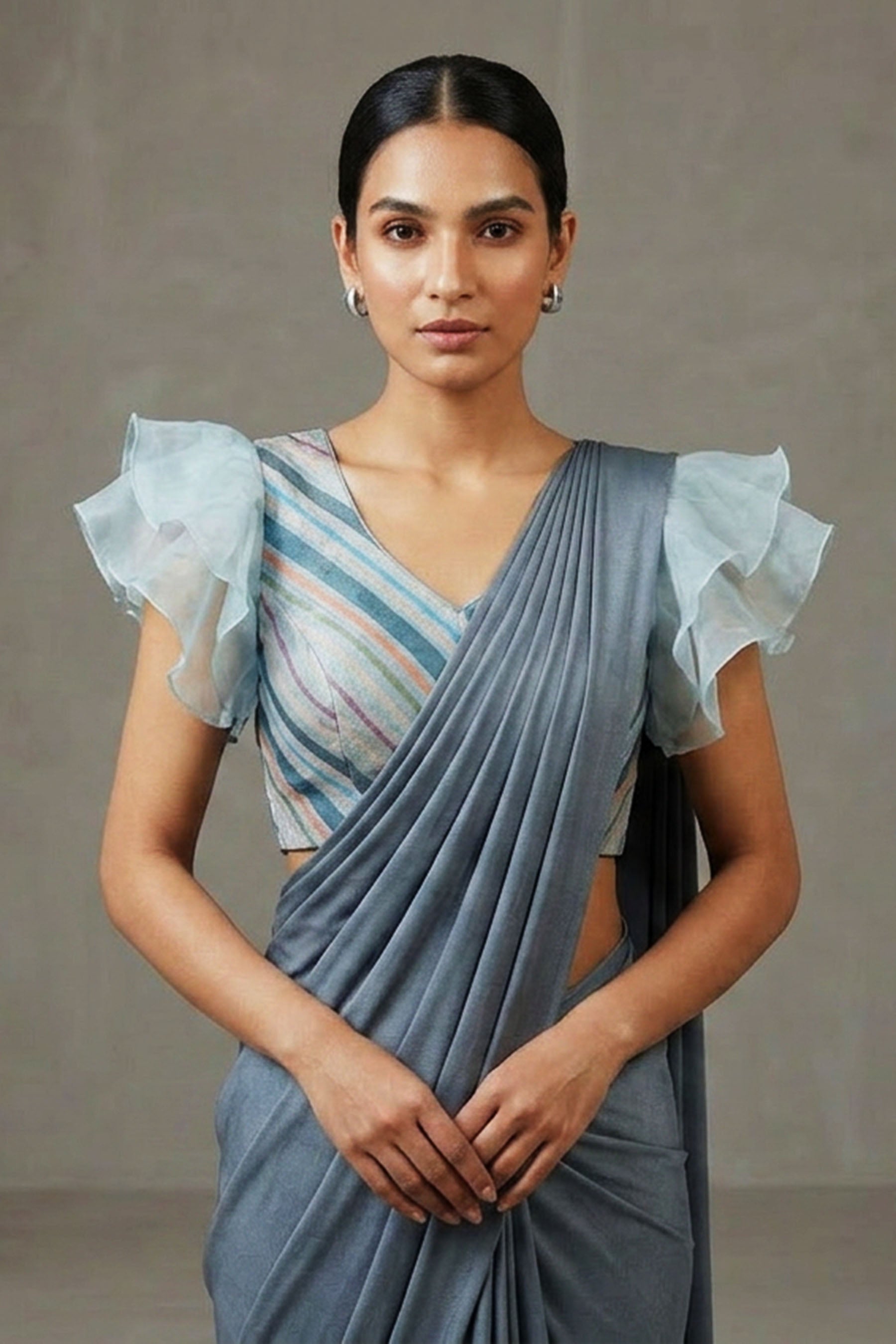 Gray Designer Fully Stitched Blouse - Modern Fusion - AI Model Photo 3