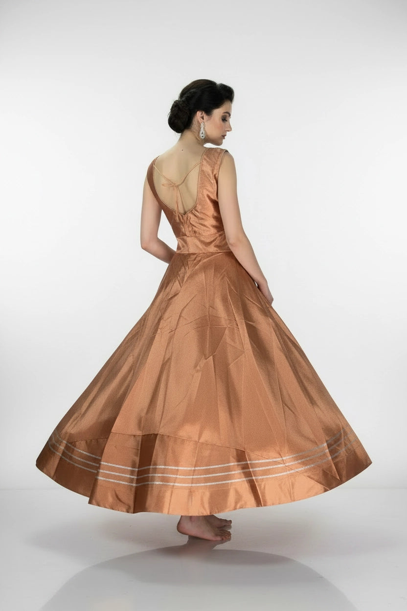 Peach Silk Lehenga with Silver Stripe Border and Sleeveless High-Neck Blouse