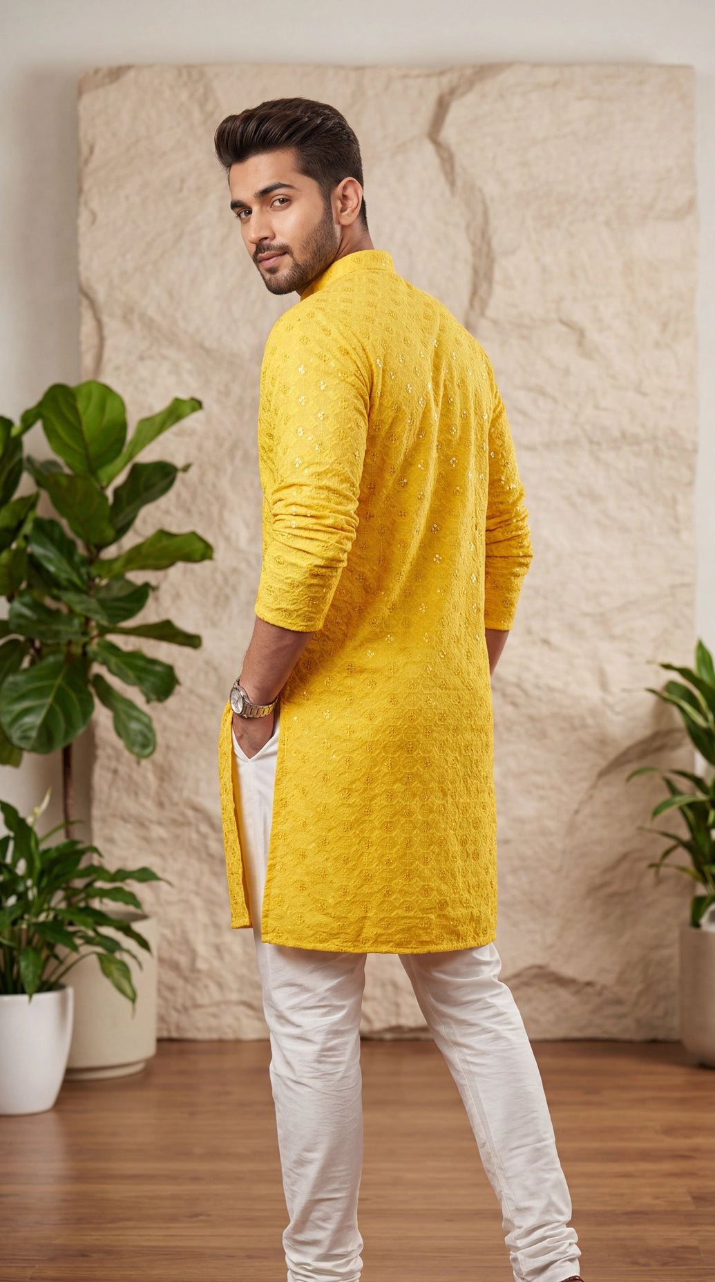 Men Yellow Lakhnavi Kurta with Embroidered Pattern, Ethnic Festive Wear for Kurta Pyjama