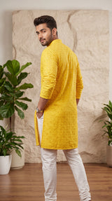 Men Yellow Lakhnavi Kurta with Embroidered Pattern, Ethnic Festive Wear for Kurta Pyjama