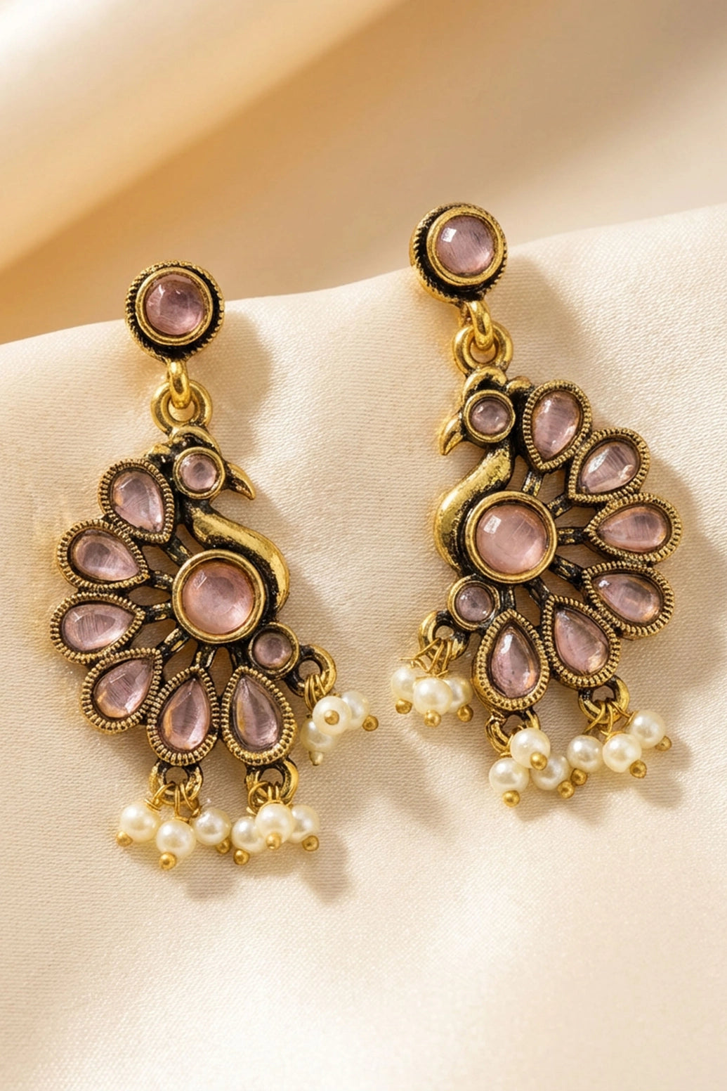 Sona Novelty Light Pink Pearl Dangler Earrings, Antique Gold-Tone Stud Style With Hanging Beads, Traditional Wear