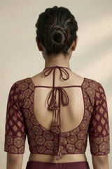 Maroon Floral Ajrakh-Inspired Padded Readymade Blouse with Elbow Sleeves and Back Tie, Fully Stitched Cotton