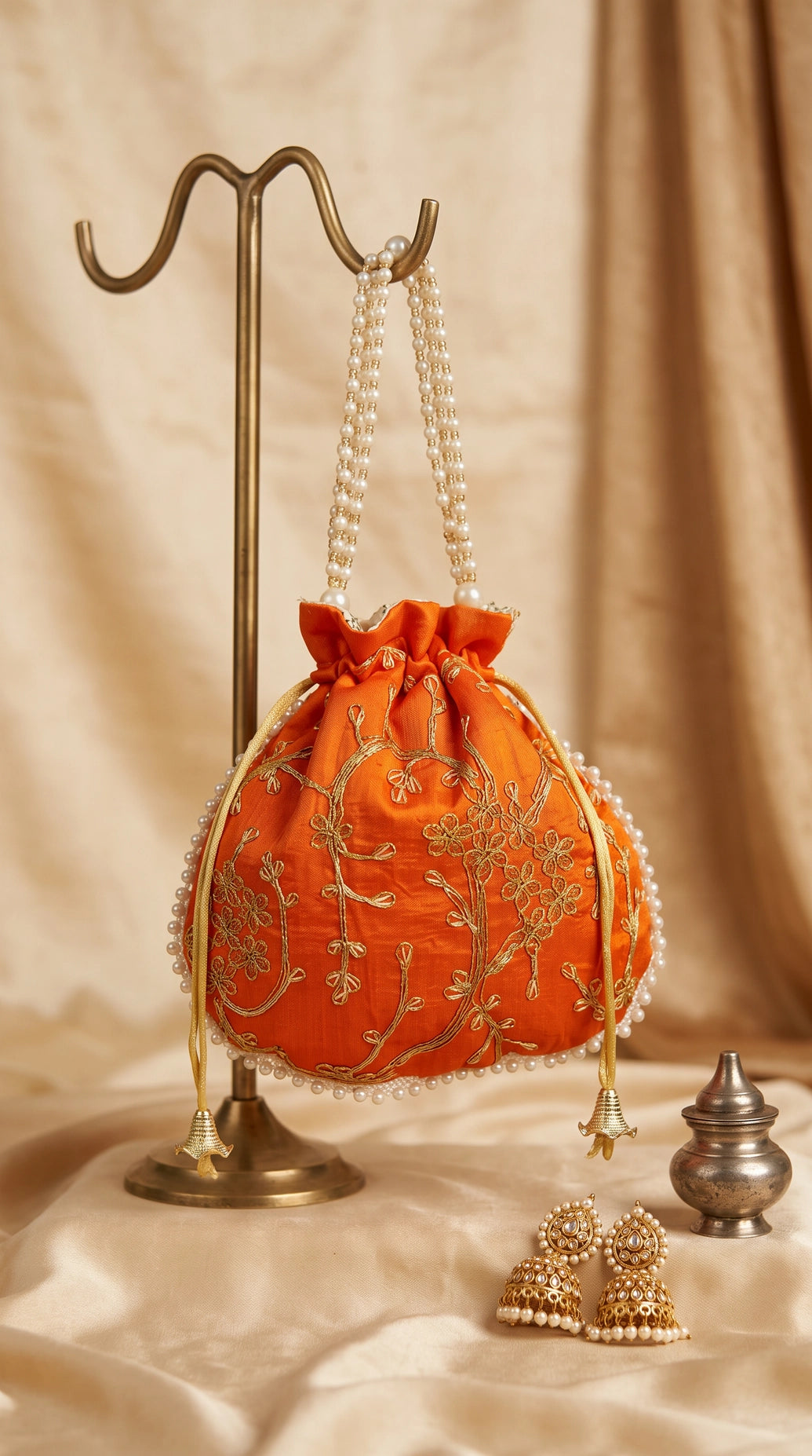 Orange Embroidered Pearl-Trim Potli Bag with Drawstring, Gold Floral Work for Wedding Festive Return Gifts