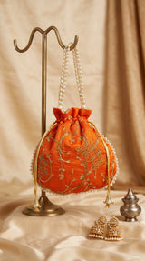 Orange Embroidered Pearl-Trim Potli Bag with Drawstring, Gold Floral Work for Wedding Festive Return Gifts