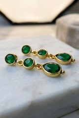 Green Oval Stone Gold-Tone Dangle Fashion Earrings for Women, 3-Layer Drop Design