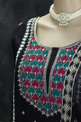 Black Embroidered Roman Silk 3-Piece Kurti Set with Organza Dupatta and Elasticated Pants Kurti JCS Fashions