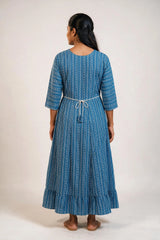 Navy Blue Cotton Anarkali Kurti with Geometric Floral Pattern & Silver Sequin Stripe Dori Detail