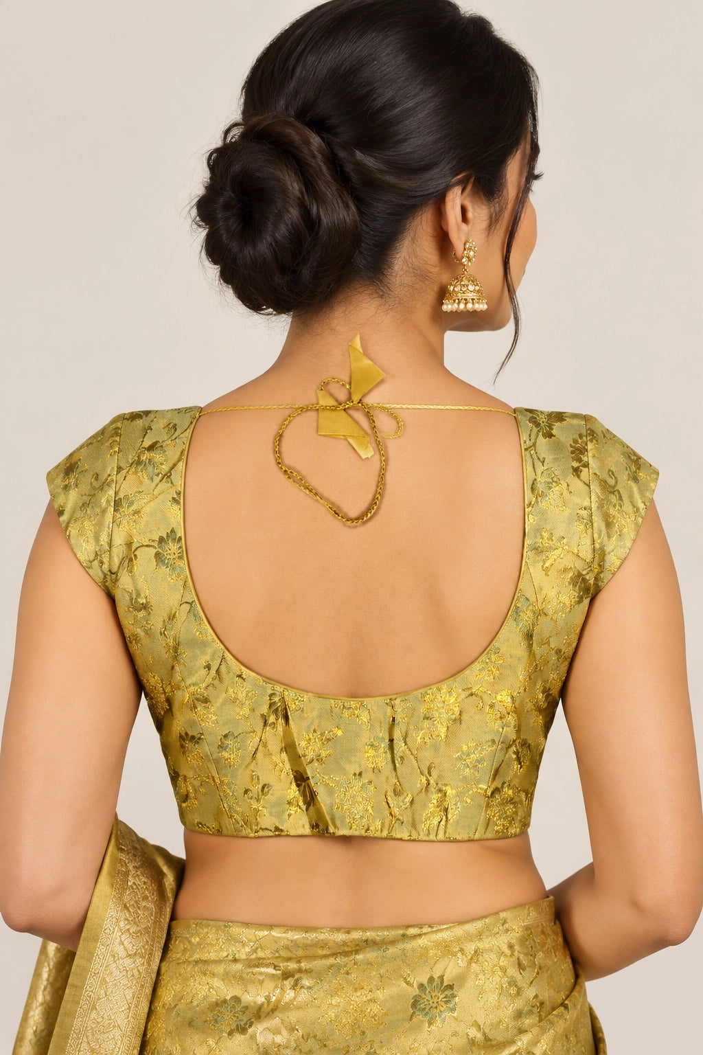 Sandal Readymade Padded Designer Blouse with Floral Weave, V-Neck, Short Sleeves for Sari Choli Wedding Wear