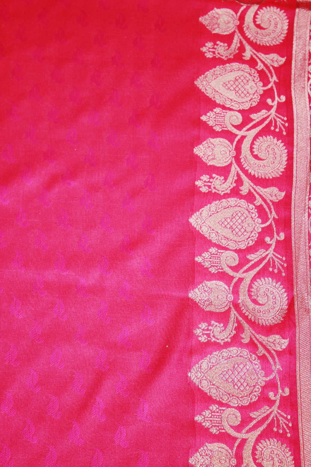 Pink Banarasi Soft Silk Saree with Zari Floral & Mango Motifs Border and Tassels