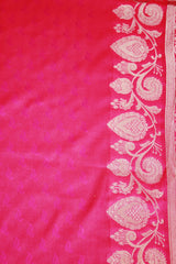 Pink Banarasi Soft Silk Saree with Zari Floral & Mango Motifs Border and Tassels