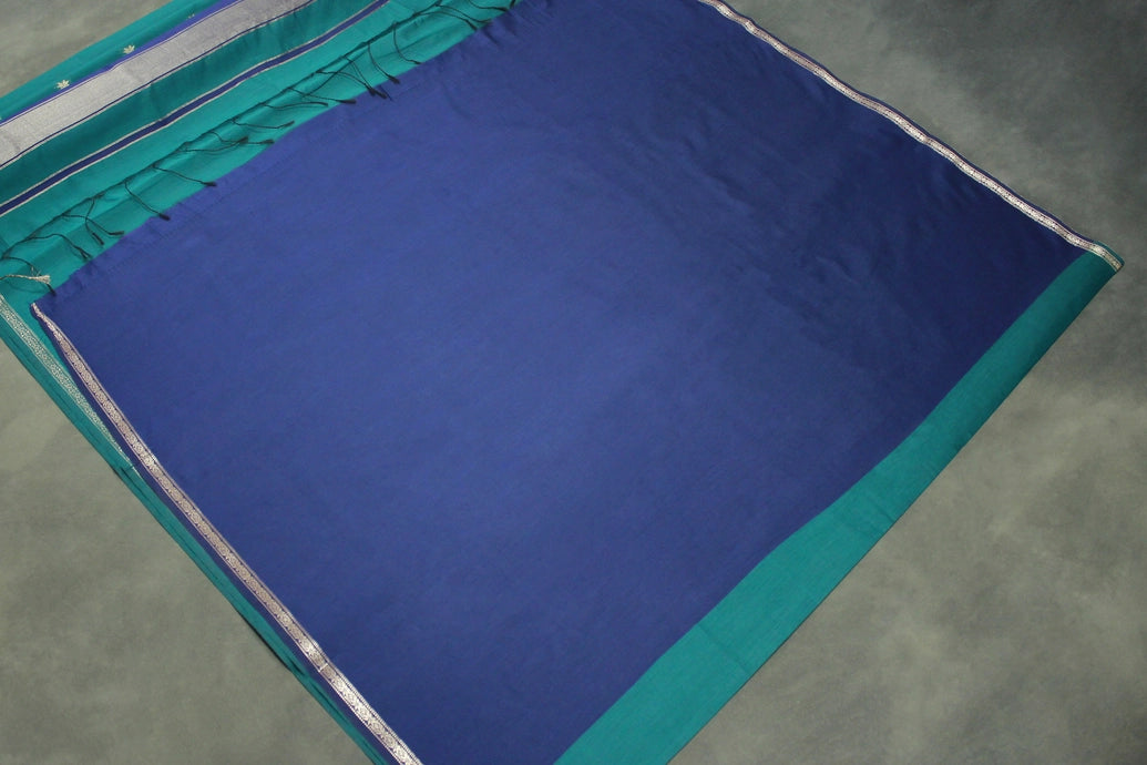 Dark Teal Maheswari Silk Cotton Saree with Small Butta and Zari Border
