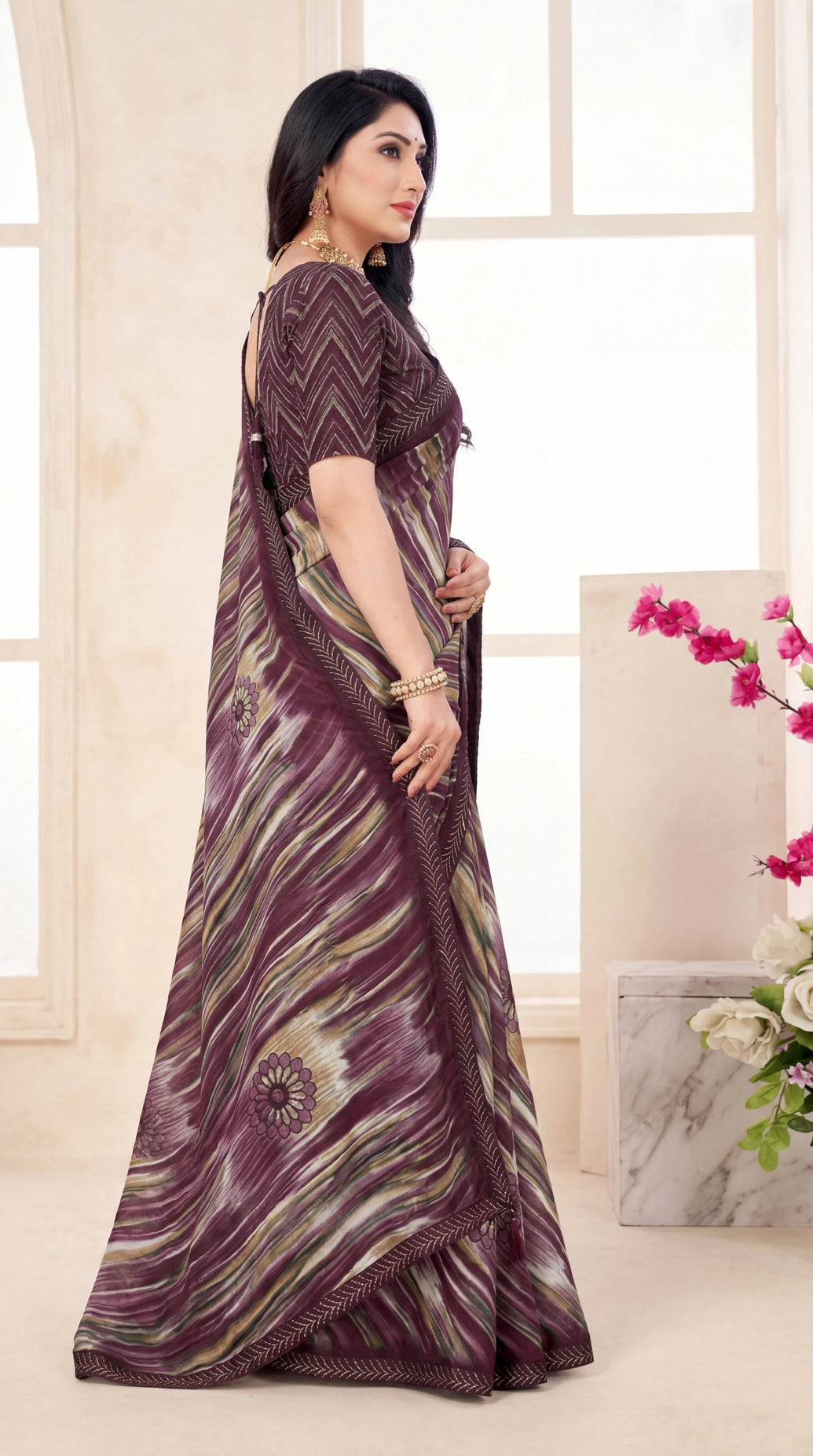 Purple Georgette Saree with Jasmin Zomato Print, Full Siroiski Work, Striped Pattern and Floral Border