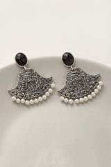 Black Textured Triangle Stone Drop Earrings for Women, Silver-Tone Party Festive Wear Fashion Jewellery