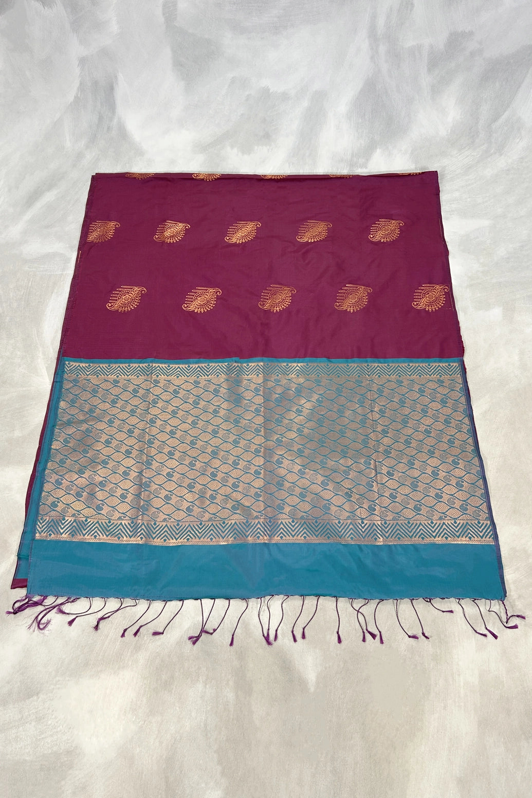 Wine Korvai Soft Silk Saree with Delicate Gold Zari Buttas and Floral Border, With Contrast Blue Blouse Piece