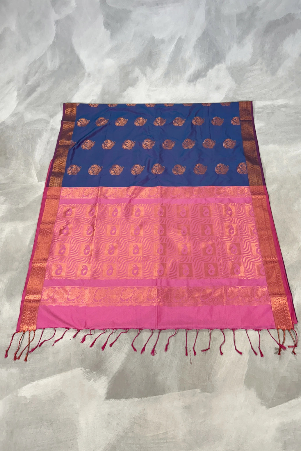 Navy Blue Korvai Soft Silk Saree with Delicate Gold Zari Buttas and Floral Border