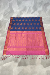 Navy Blue Korvai Soft Silk Saree with Delicate Gold Zari Buttas and Floral Border