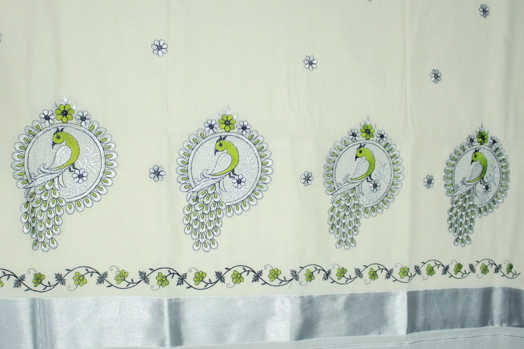 Half White Kerala Cotton Saree with Peacock Embroidery Silver Zari Thread Work