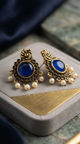 Navy Blue Stone & Pearl Drop Antique Gold-Tone Statement Earrings for Women | 1.5 inch