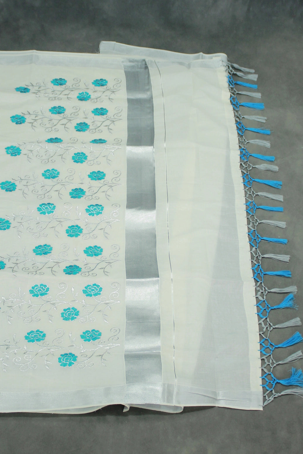 Half White Kerala Cotton Saree with Silver Zari Floral Embroidery and Thread Work