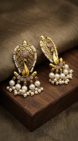 Antique Gold Tone Onion Pink Traditional Statement Earrings with Oval Stone, Bead Work and Pearl Tassel Hangings