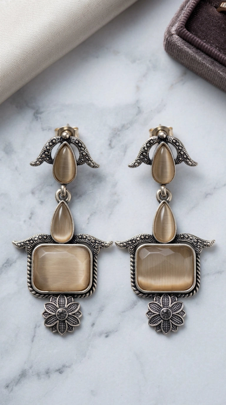 Peach Oxidised Silver Long Drop Earrings with Stone Motifs for Traditional Ethnic Wear