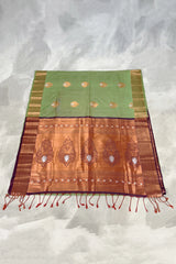 Pista Green Korvai Soft Silk Saree with Gold Zari Buttas and Traditional Floral Border for Women