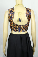 Navy Blue Designer Padded Blouse with Zari Woven Motifs, Sleeveless Back Knot, Ready-to-Wear