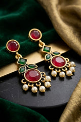 Green & Red Stone Pearl Drop Gold-Tone Statement Earrings for Women, Traditional Festive Wear