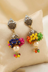 Traditional Multi-Color Jhumka Earrings with Gold-Tone Dome Design and White Stones, Beaded Danglers