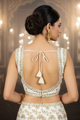 White Readymade Padded Blouse with Sequin Floral Motifs, Sleeveless, Back Knot, Fully Stitched for Saree