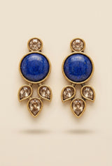 Blue Stone Teardrop Drop Stud Earrings, Gold-Tone Round Center with Crystal Accents for Women