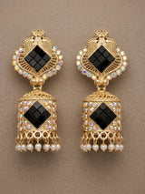 Traditional Gold-Tone Jhumka Earrings with Black Stone Studded Drop and Pearl-Look Dangles for Women