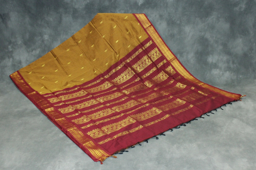 Silk Cotton Brown Saree with Maroon Grand Pallu and Thick Zari Border