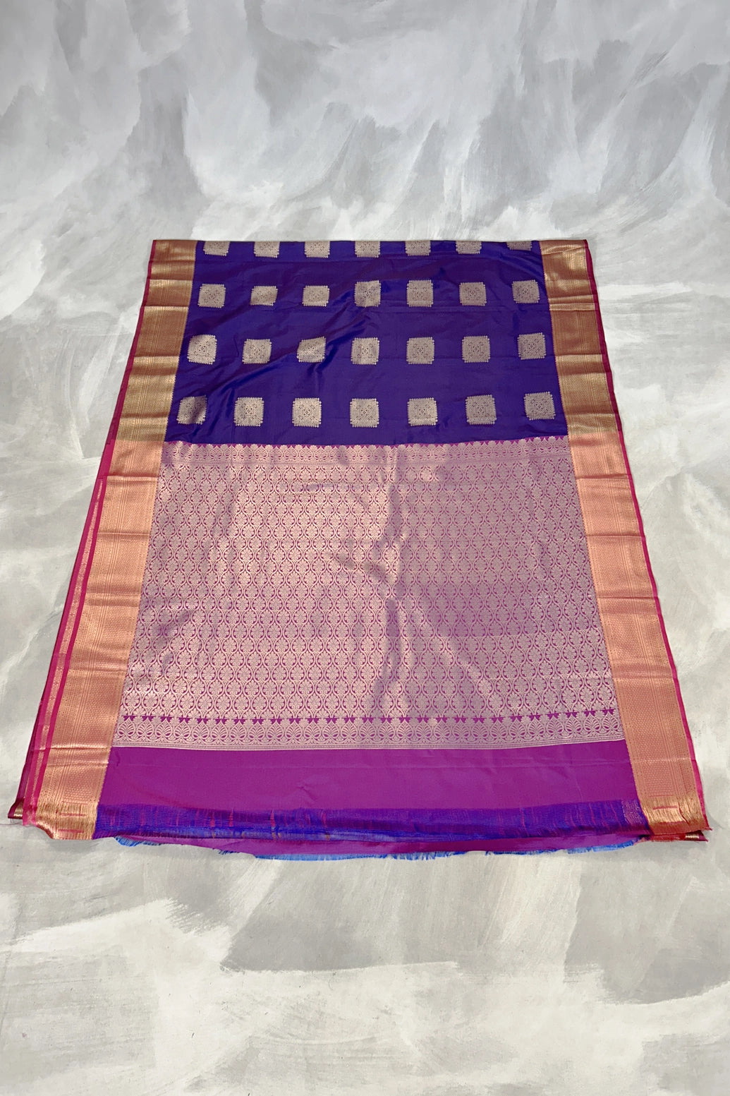 Navy Blue Korvai Soft Silk Saree with Delicate Gold Zari Buttas and Floral Border, Traditional Temple Look