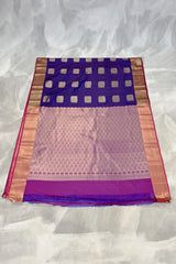Navy Blue Korvai Soft Silk Saree with Delicate Gold Zari Buttas and Floral Border, Traditional Temple Look