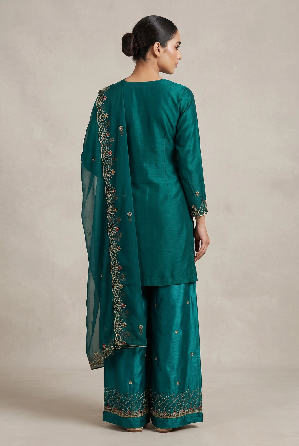 Teal Blue Embroidered Kurti Pant Set with Organza Dupatta for Women, French Work and Jarkan Detail