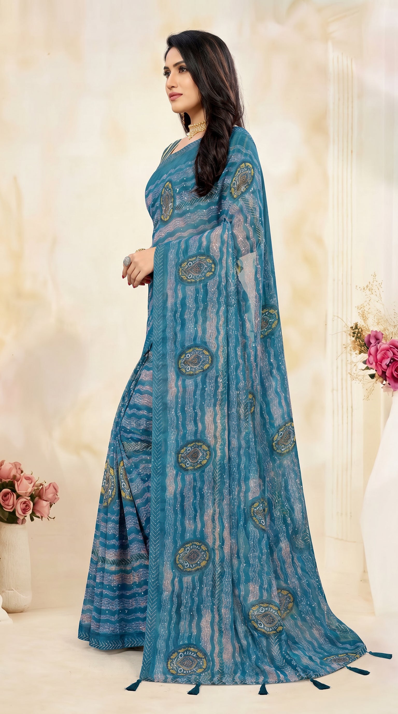 Sky Blue Georgette Saree with Contrast Border and Printed Striped Floral Motifs