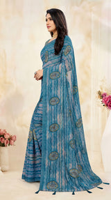 Sky Blue Georgette Saree with Contrast Border and Printed Striped Floral Motifs