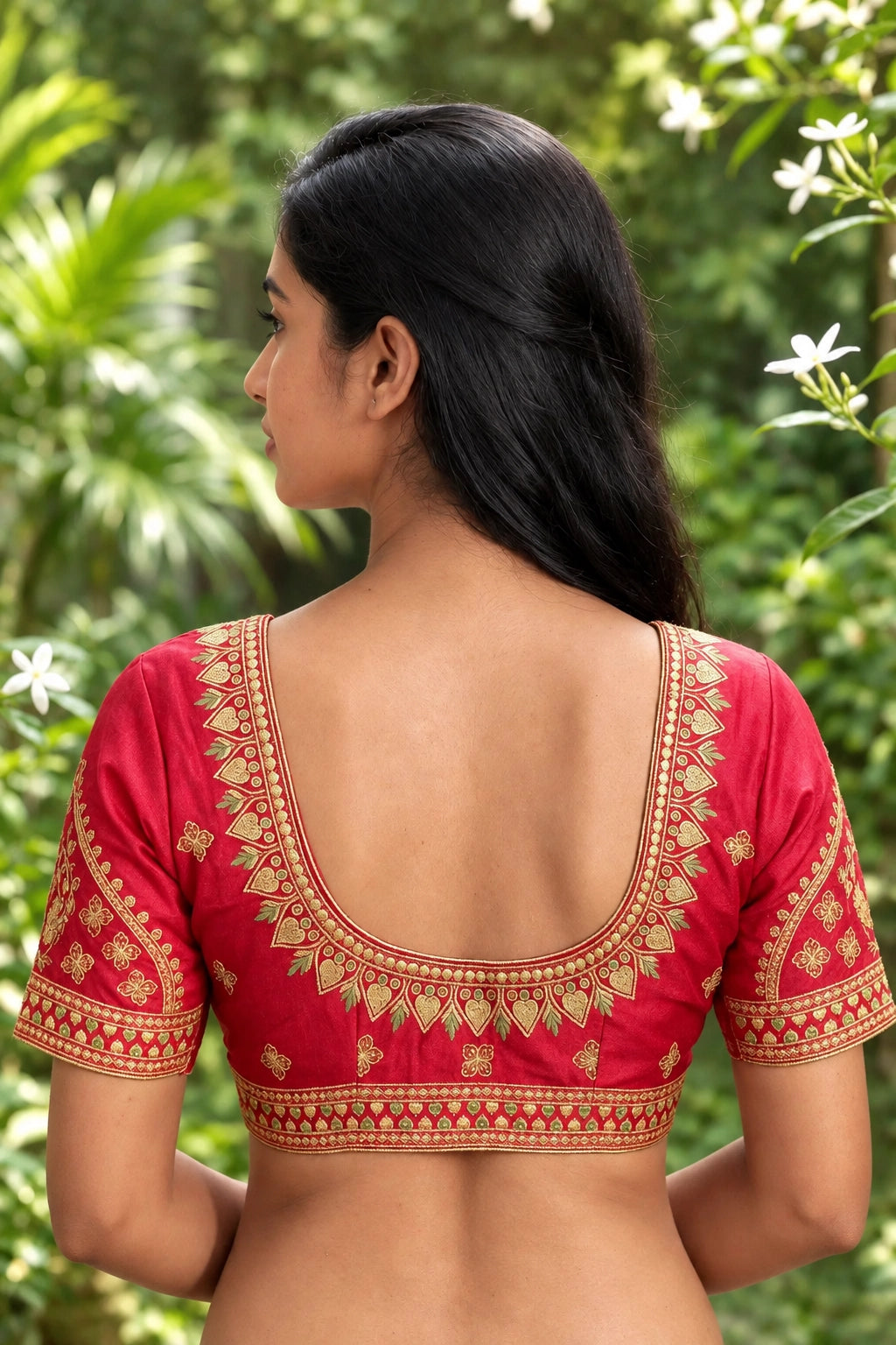 Magenta Designer Padded Blouse with Zari Floral & Paisley Work, U-Neck, Fully Stitched, Elbow Sleeves