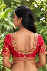 Magenta Designer Padded Blouse with Zari Floral & Paisley Work, U-Neck, Fully Stitched, Elbow Sleeves