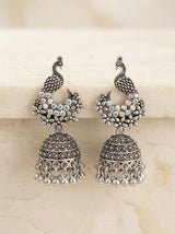 Oxidized Peacock Jhumka Earrings with Floral Stone Work, Black Silver Dangling Beads for Women