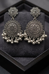 Oxidized Silver Floral Stud Statement Earrings with Beaded Jhumka Dangles for Traditional Wear